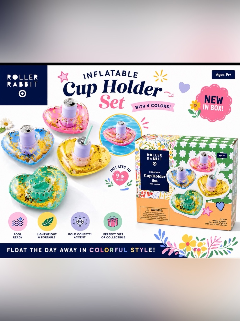 NIB Roller Rabbit x Target Inflatable Cup Holder Set 4 CountPool Floats